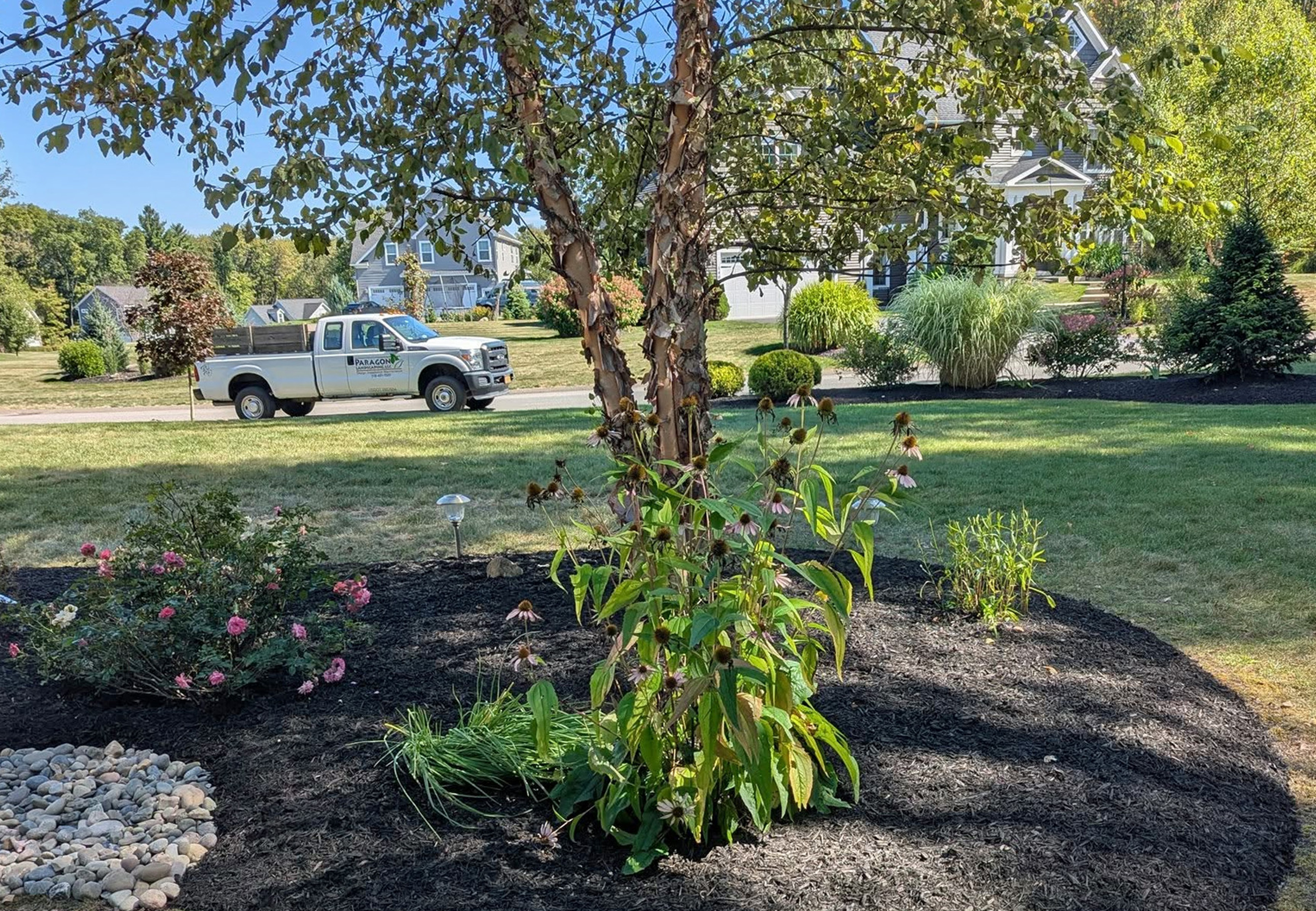 After photo of a large plant bed and mulch